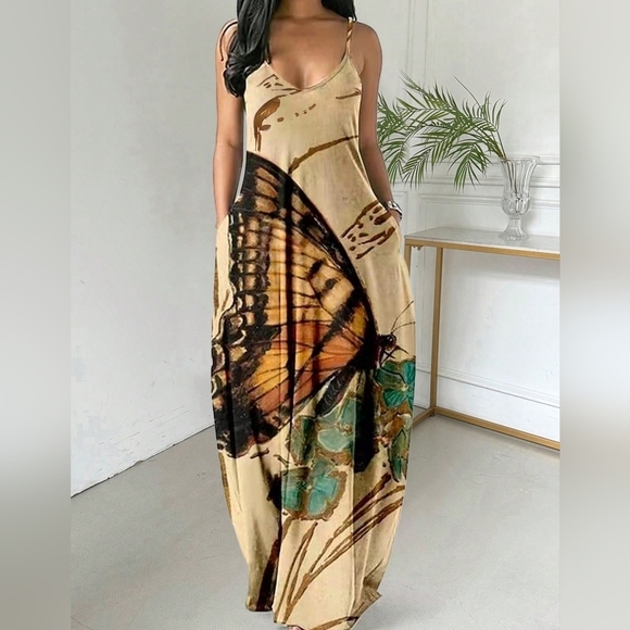 Summer Fashion Butterfly & Flower Printed Spaghetti Strap Dress - Picture 2 of 5